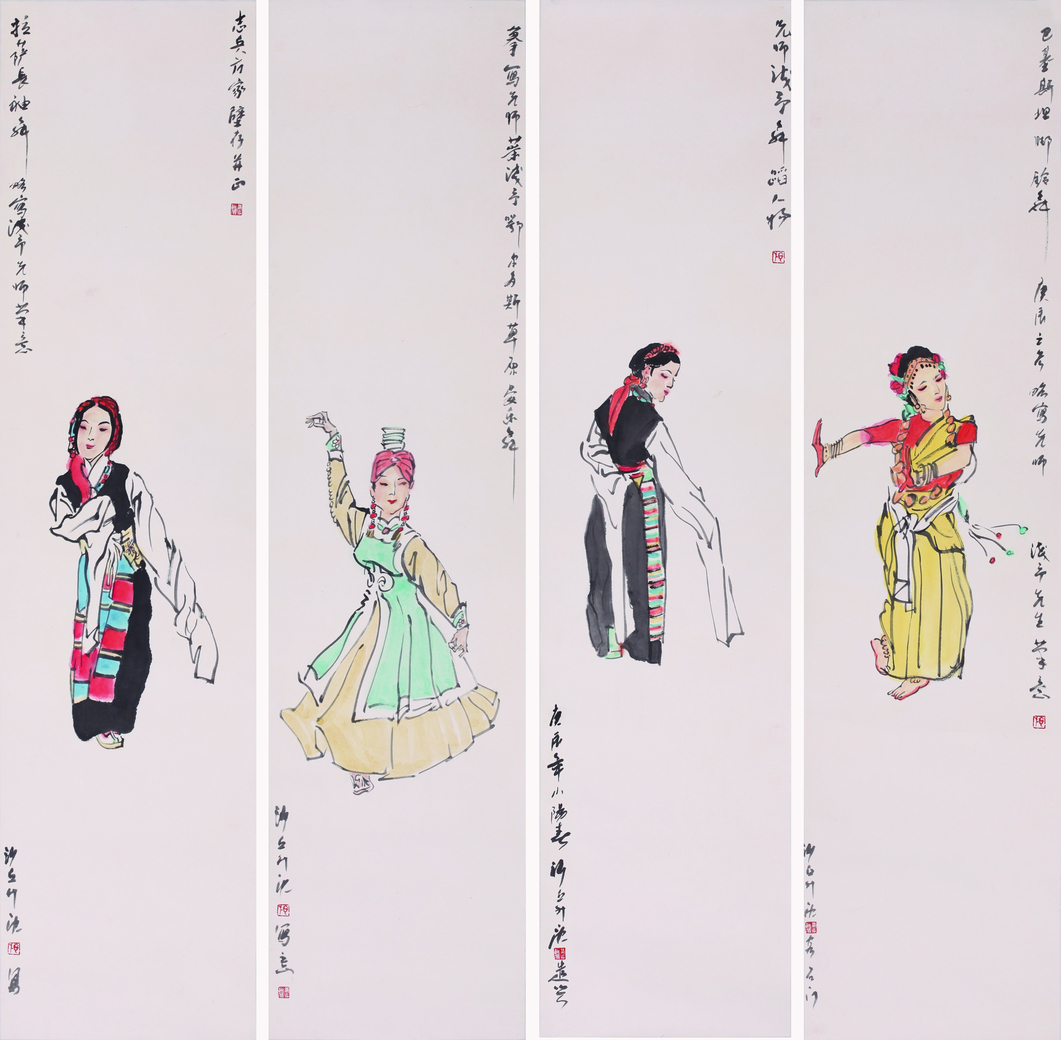 施胜辰.人物四屏