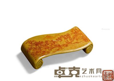 清乾隆 米黄釉矾红山水墨床 长8.5cm
