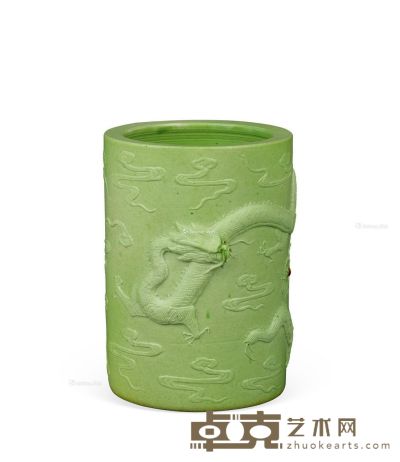 民国 绿釉雕瓷龙纹笔筒 高12cm