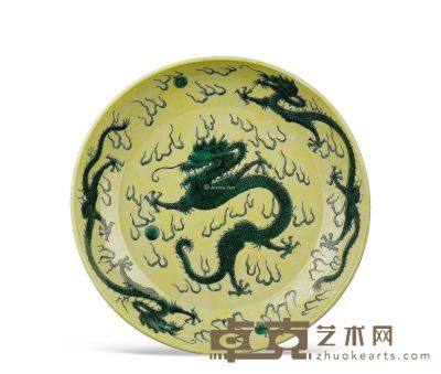 清康熙 黄地绿彩芥纹大盘瓷样 直径42cm