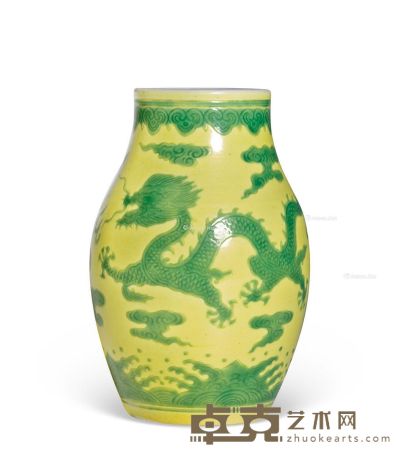 清康熙 黄地绿龙蝉式罐 高12.5cm