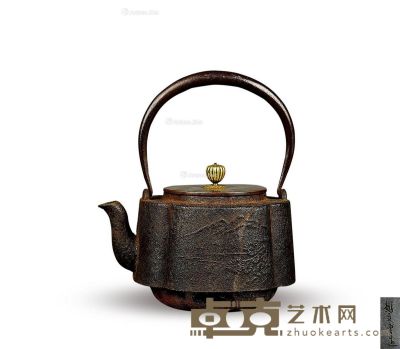 昭和时期 「龙文堂」制嵌银山水纹铁壶 高22cm