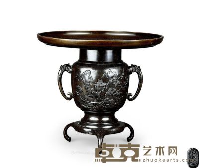 昭和时期 铜制山水纹瓶 高26.5cm