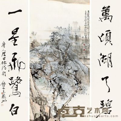 陈玉圃 清江对弈图 137.5×68cm;138×35cm×2