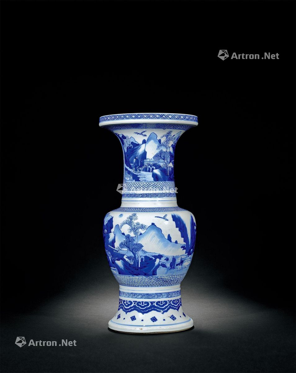 清康熙 青花山水开光凤尾尊 高42.5cm