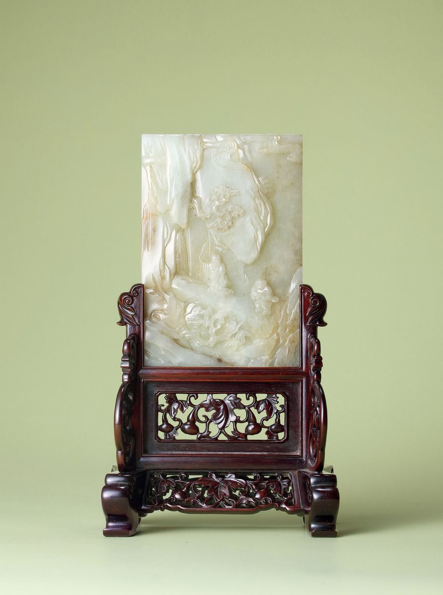清乾隆 白玉御题诗山林隐士图砚屏 长11×7.8cm