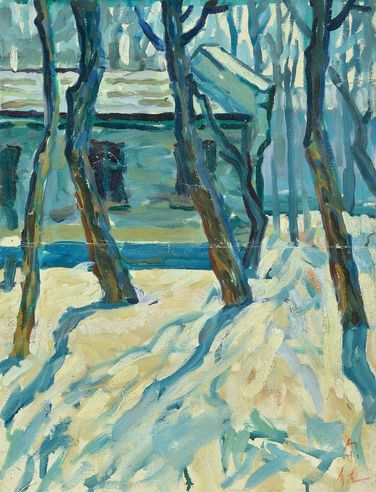 罗尔纯 1980年代 冬雪一景 纸板油画