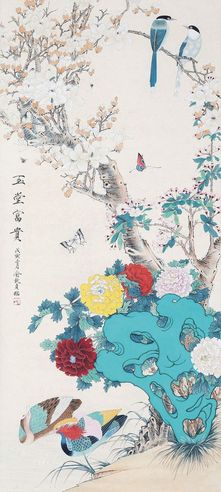 花鸟 轴 色纸