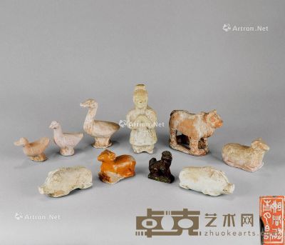 汉代 各式彩陶动物人物 （十件一组） 尺寸不一