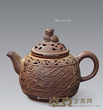 开窗山水兽纽紫砂壶 高11cm