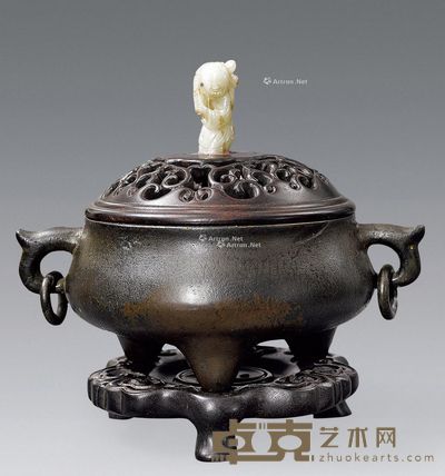 清代 “玉堂精玩”款配木座木盖镶玉人铜香炉 径19.5cm