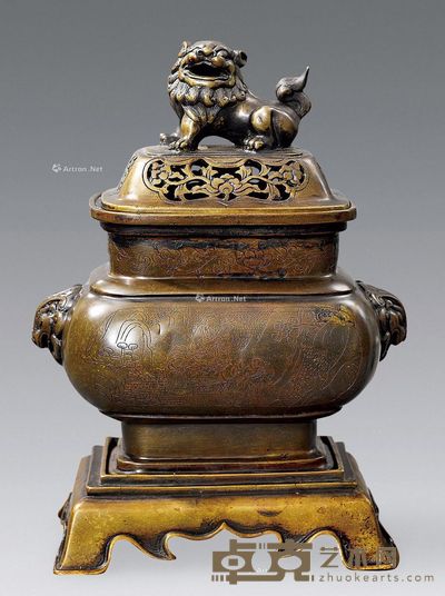 清代 铜狮子纽辅首香炉（带座） 高26.5cm