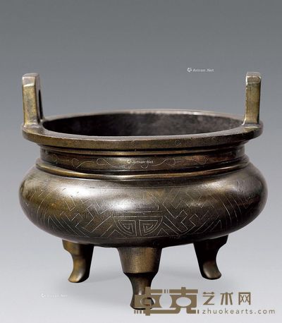 民国 铜石叟款嵌银丝双耳、三足香铜炉 高11.3cm;径12cm