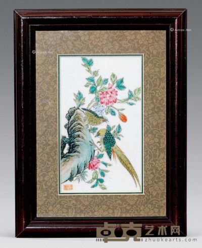 民国 粉彩锦鸡牡丹纹瓷板（带框） 29cm；23cm