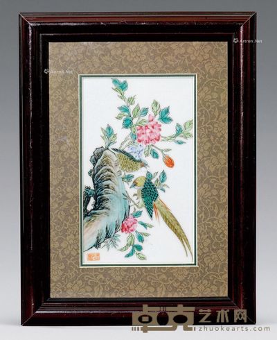 民国 粉彩锦鸡牡丹纹瓷板(带框) 29cm;23cm