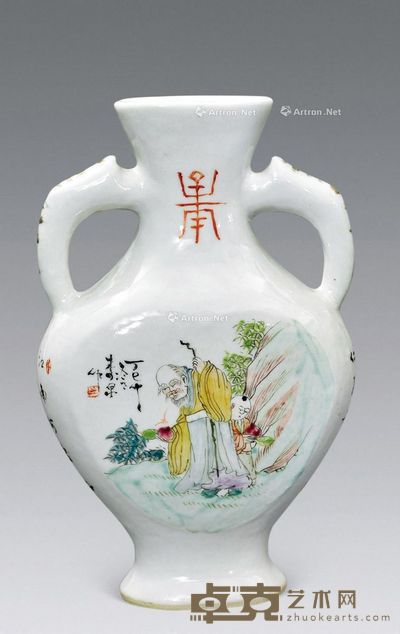 民国 浅绛彩人物纹象耳瓶 高20.3cm