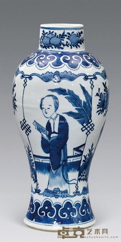 清代 青花仕女花卉纹瓶 高25.3cm