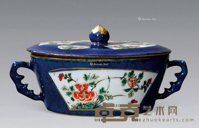 清代 洒蓝釉开光花卉纹盖盅 高7cm;15.6cm
