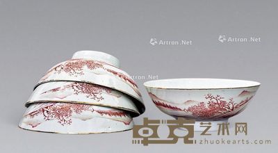 民国 胭脂红山水纹碗 (一套) 高6cm;径16cm
