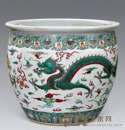 清中期 五彩双龙戏珠纹大画缸 高32cm