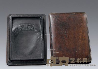 清代 双龙捧寿纹端砚 (原装黄花梨木盒) 16.8cm;12cm;3cm