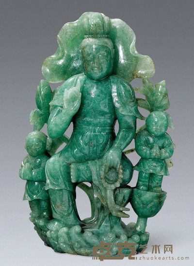 清代 玉雕善财童子莲花观音摆件 高23cm