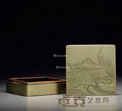清 文宝款刻山水纹铜墨盒 高5.1cm；长14cm；宽14cm