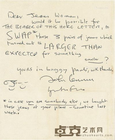 约翰·列侬、小野洋子 带自画像的幽默信札 25×21cm
