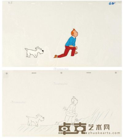 《丁丁历险记》（Les Aventures de Tintin et Milou） 动画分镜头画稿及赛璐璐片三帧 24×43cm×3