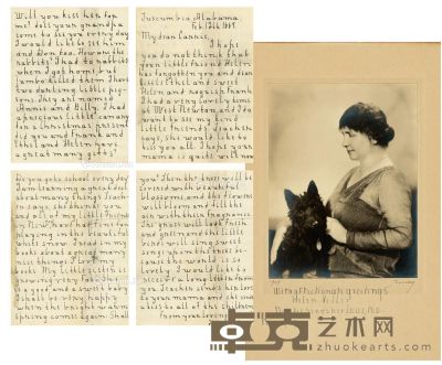 1889、1929年作 海伦·凯勒 儿时珍贵亲笔信及签名照 32.5×21.5cm×2；照片25×20cm；卡纸40×28cm