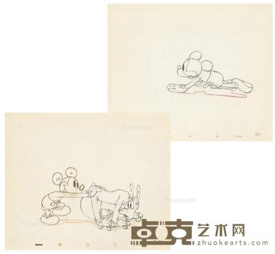 1939年作 迪斯尼动画工作室 米老鼠（Mickey Mouse）系列动画分镜头画稿 （二帧） 纸本 铅笔线描 25×30cm×2