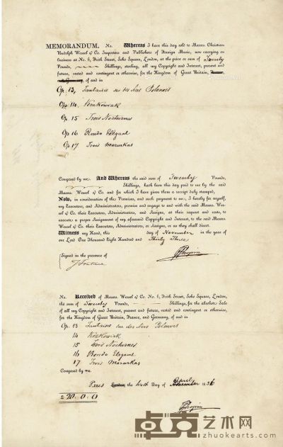 1836年4月6日作 肖邦 《夜曲》等早期重要作品签名合同 37.5×23.5cm