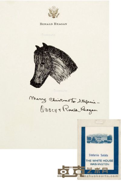 里根夫妇 罕见马头素描圣诞贺信 21.5×16.5cm