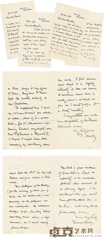 1905、1906年作 哈代 有关诗剧《列王（The Dynasts）》的亲笔信三通 22×17.5cm×3