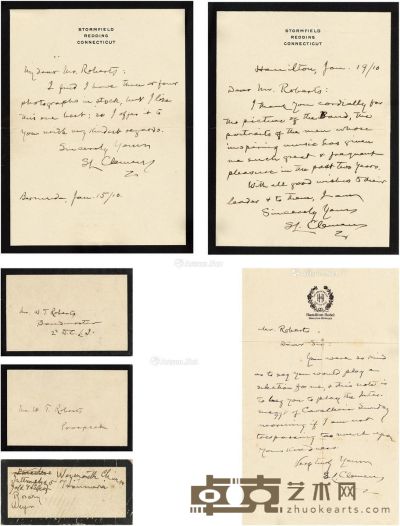1910年作 马克·吐温 逝世前亲笔信三通及题跋名片 25×16.5cm×2；24×14.5cm；名片8×4cm