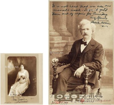 1899年作 马克·吐温、克拉拉·克莱门斯 签名照 17.5×11cm；30.5×25.5cm