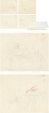 约1959至1961年间作 上海美术电影制片厂《大闹天宫》动画原稿 （八帧） 纸本 铅笔线描