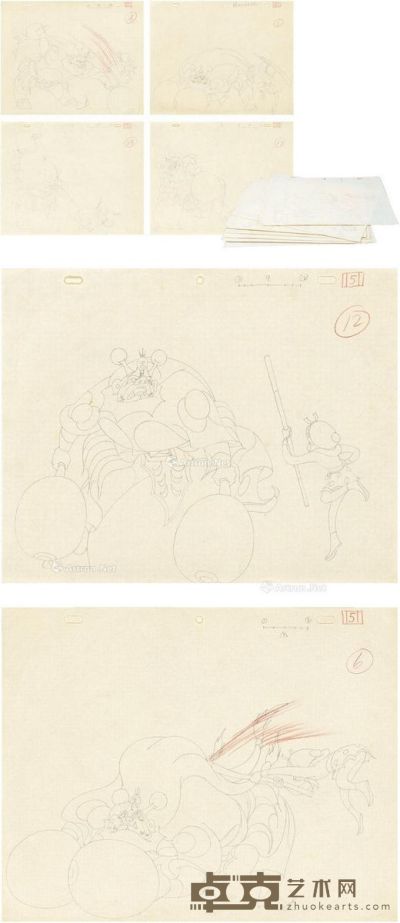 约1959至1961年间作 上海美术电影制片厂《大闹天宫》动画原稿 （八帧） 纸本 铅笔线描 25×32cm×8
