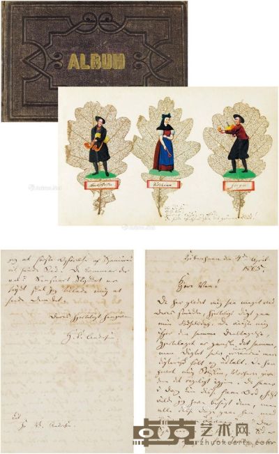 1852至1858年、1865年4月4日作 安徒生等 致约瑟芙·图坦因小姐诗画册及安徒生亲笔信一通 27.5×21.5cm；册页21.5×14cm