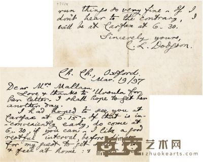 1897年作 道奇森，笔名刘易斯·卡罗尔 致玛拉姆夫人亲笔信 13×8.5cm