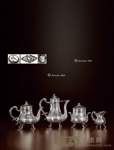 1885年制 纯银咖啡茶具 （四件套） 咖啡壶高23.3cm；茶壶高18.8cm；糖罐高17.2cm；牛奶壶