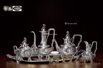 1860年制 纯银小天使高浮雕咖啡茶具 （五件套） 咖啡壶高17.5cm；宽13.6cm；底部直径5.9cm；茶壶高13.