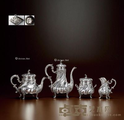 1895年制 纯银咖啡茶具 （四件套） 咖啡壶高24cm；宽21cm；茶壶高20cm；宽26cm；糖罐高15