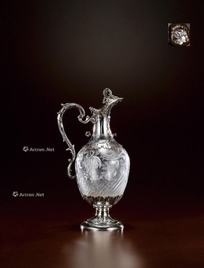 1900年制 纯银配水晶高浮雕雕花酒壶