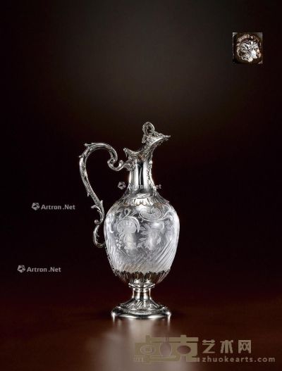 1900年制 纯银配水晶高浮雕雕花酒壶 高26cm；宽15.5cm；底部直径9cm；总重量966g（含水晶