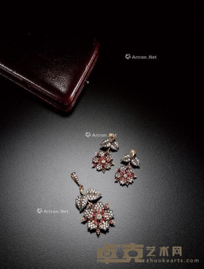 1880年制 钻石、红宝石花卉套组 重量38.4g