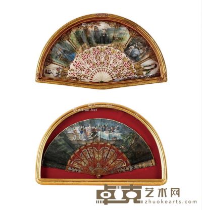 19世纪 水彩手绘珍贵材料外壳折扇 （一对） 宽54cm