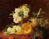 19至20世纪 白玫瑰 水果与香槟 布面油画