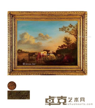 19至20世纪 夕阳下的牛群 布面油画 高72cm；宽92cm