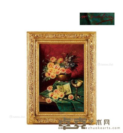 19至20世纪 有粉玫瑰的静物 布面油画 高120cm;宽92cm